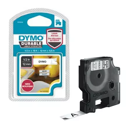 DYMO D1 Durable 12 mm x 5,5 M, musta / valkoinen - Dymo teippitarrat - 1978364 - 1